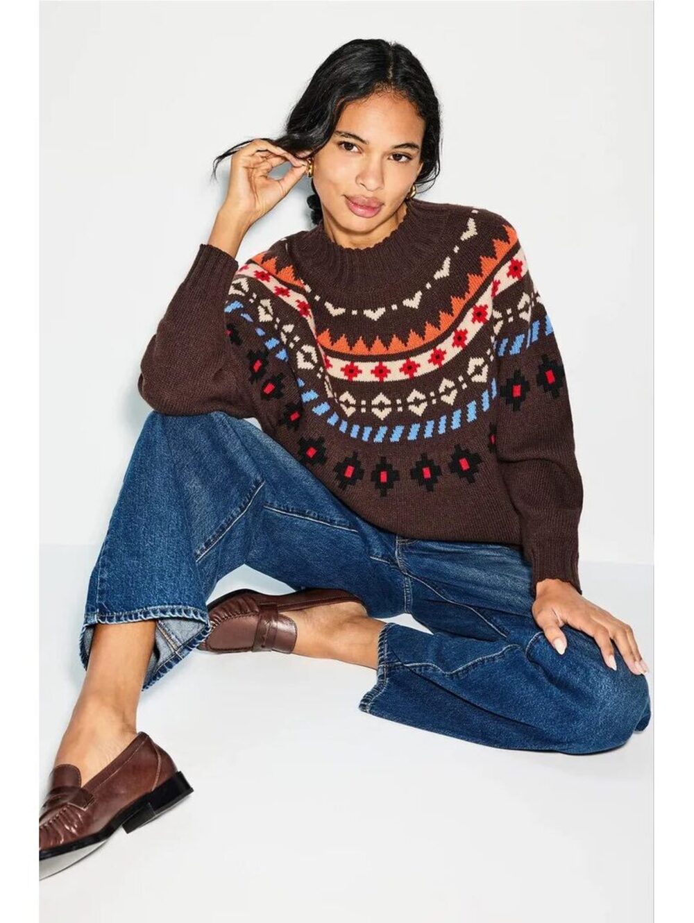 Weekend Max Mara Fair Isle Virgin Wool Sweater Brown Nordic Pattern Mock Neck M